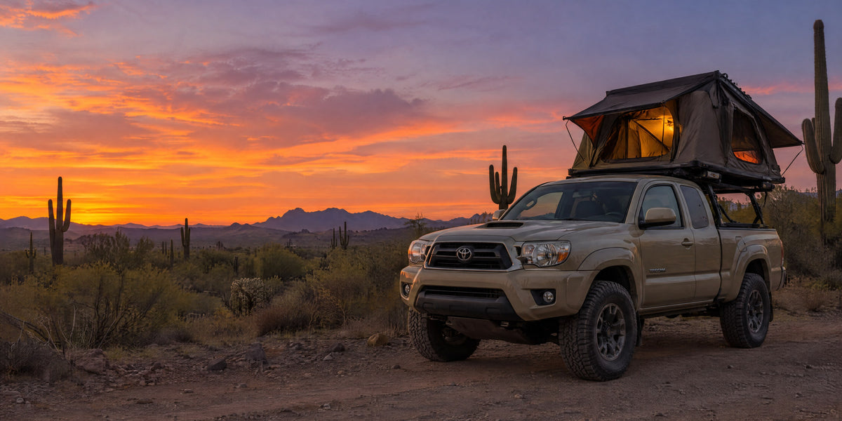 2nd Gen Toyota Tacoma with rooftop tent in the Arizona desert at sunset