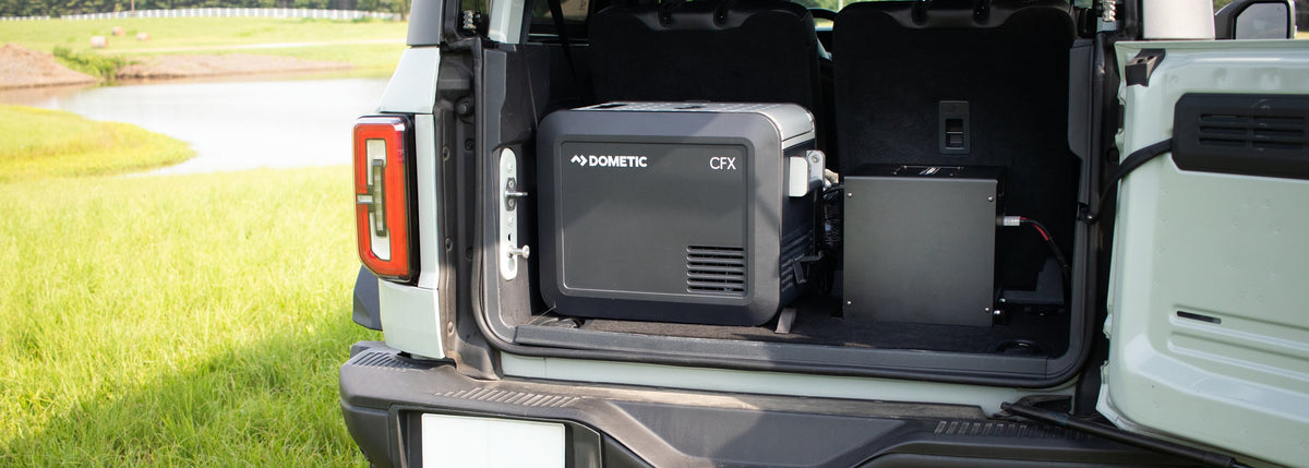 Juicebox 100 installed next to a Dometic fridge in a 2-door Ford Bronco