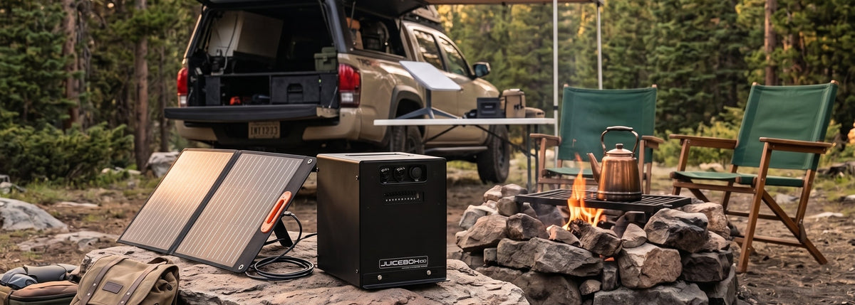Juicebox 100 charging from a solar panel at an overland campsite